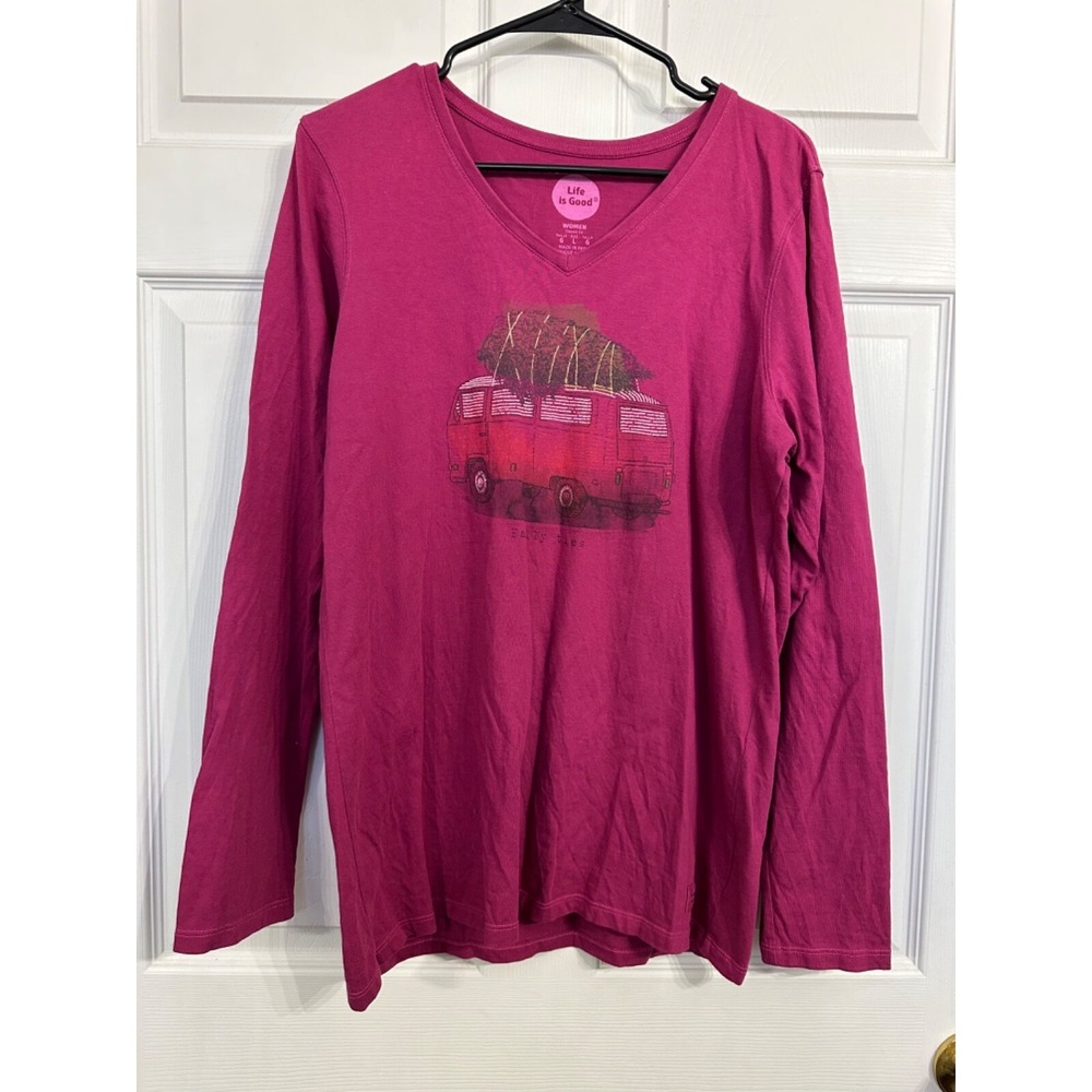 Life Is Good Women's Size L Classic Fit Family Ties Holiday Tree Bus LS T-Shirt